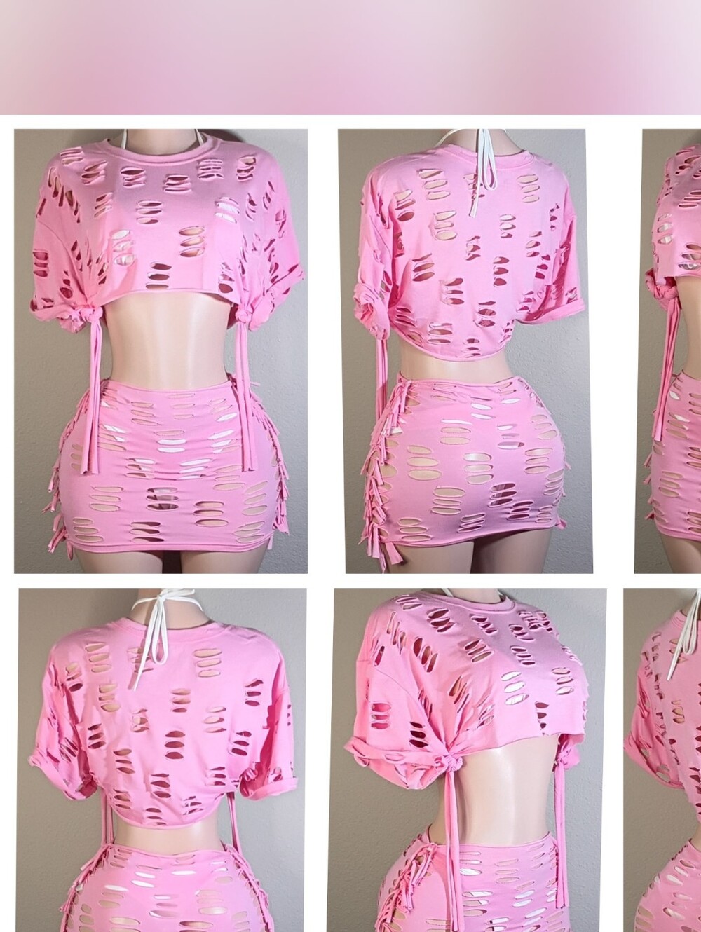 Pink Distressed Custom Two-Piece Tshirt  Crop Top & Mini Skirt Set